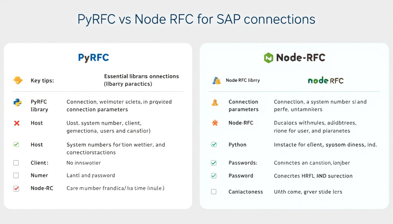SAP 연결을 위한 PyRFC와 Node RFC의 주요 팁과 비교를 요약한 인포그래픽.