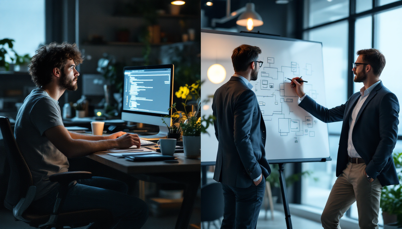 단순 개발자와 아키텍트 역할 대비 이미지