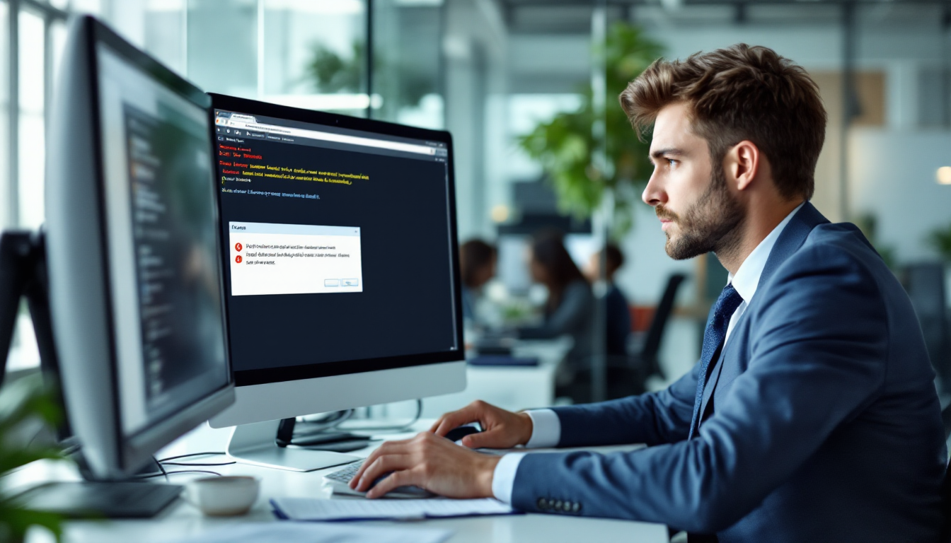 SAP 오류 메시지를 보고 당황한 재무 담당자의 모습